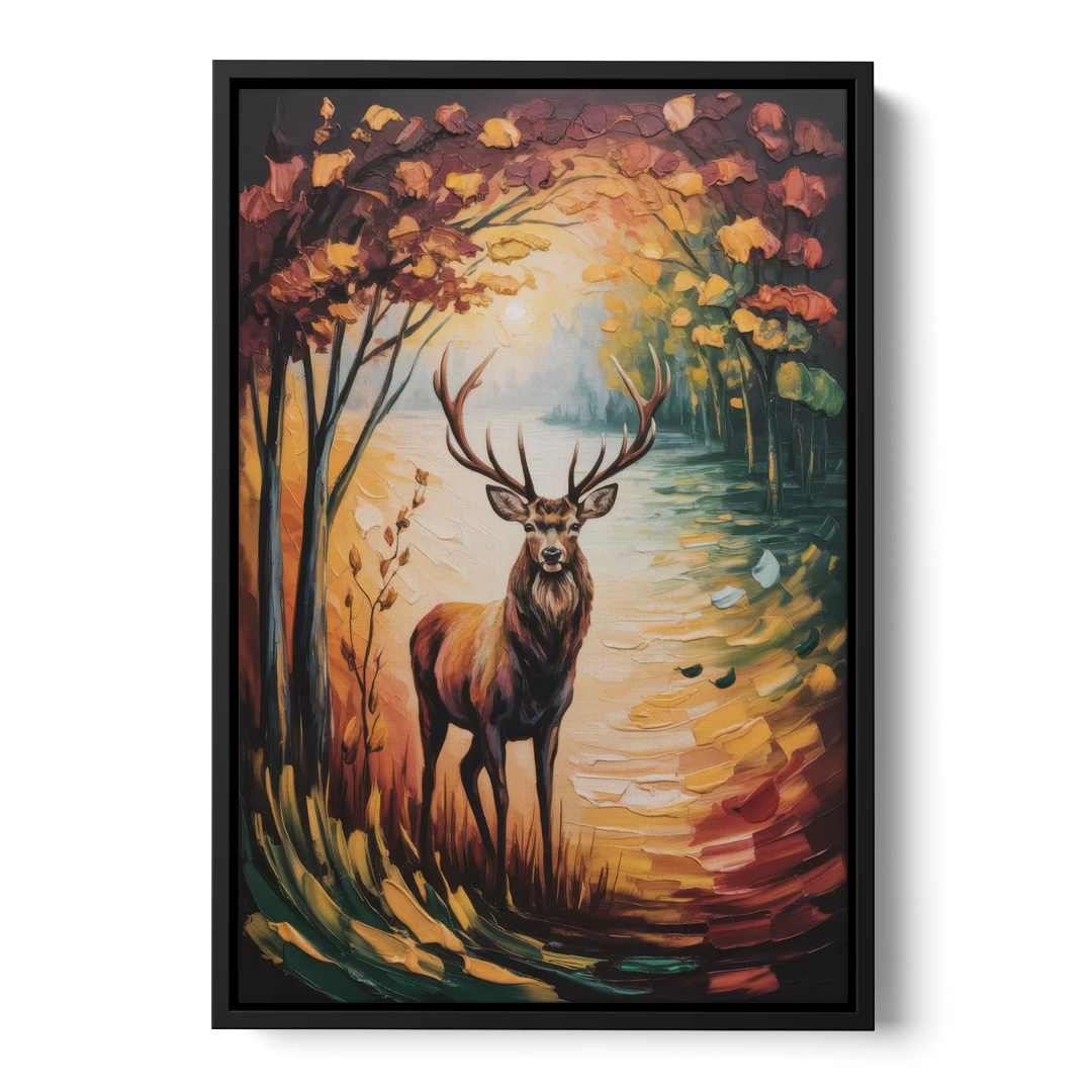 Deer Hunt in Autumn - Black Framed Canvas Wall Art - Front
