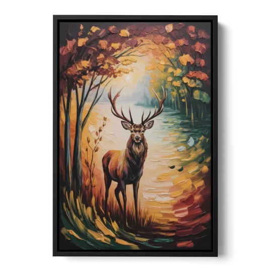 Deer Hunt in Autumn - Black Framed Canvas Wall Art - Front