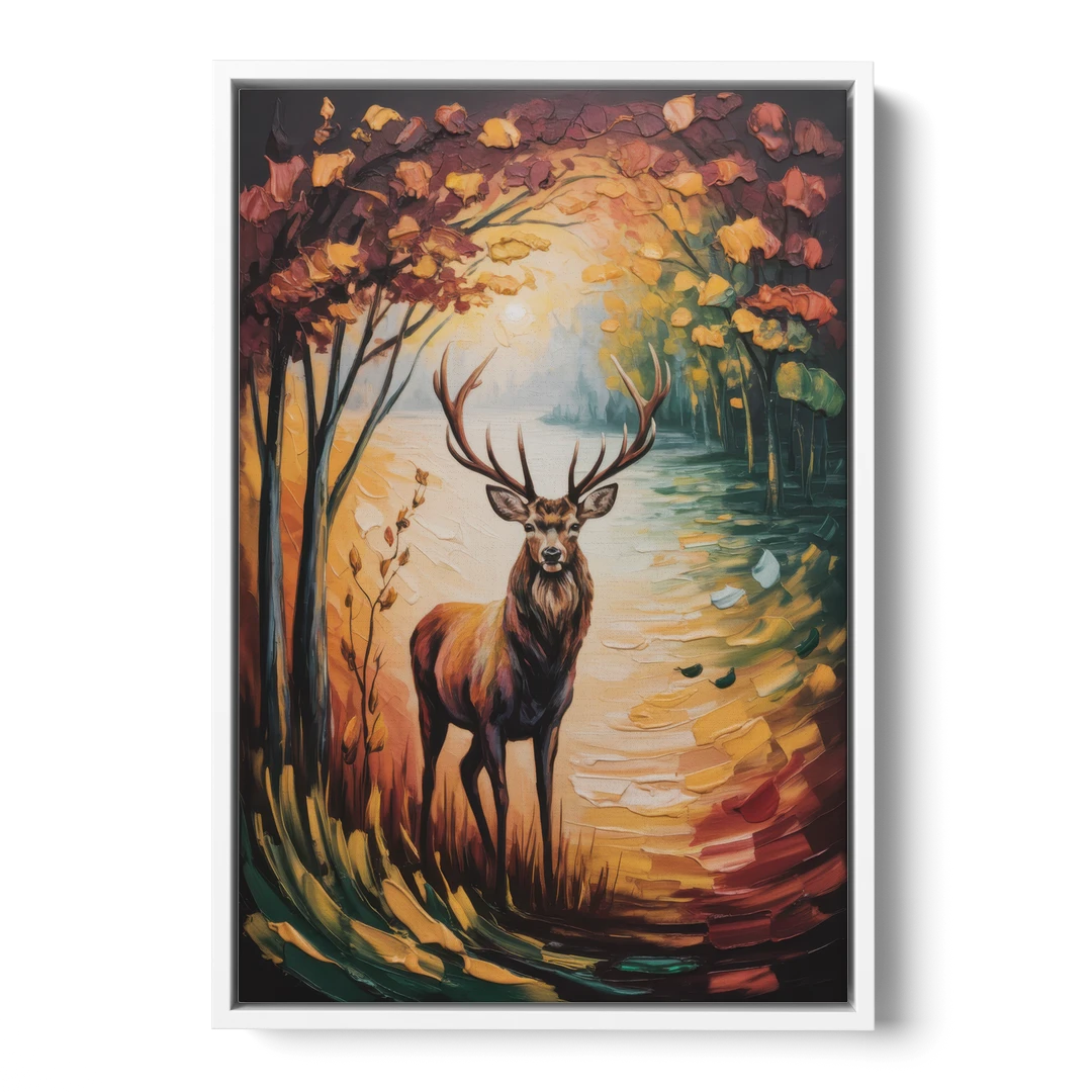 Deer Hunt in Autumn - White Framed Canvas Wall Art - Front