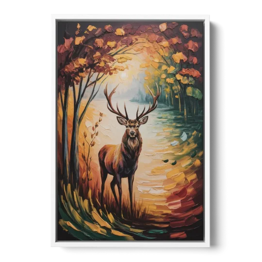 Deer Hunt in Autumn - White Framed Canvas Wall Art - Front
