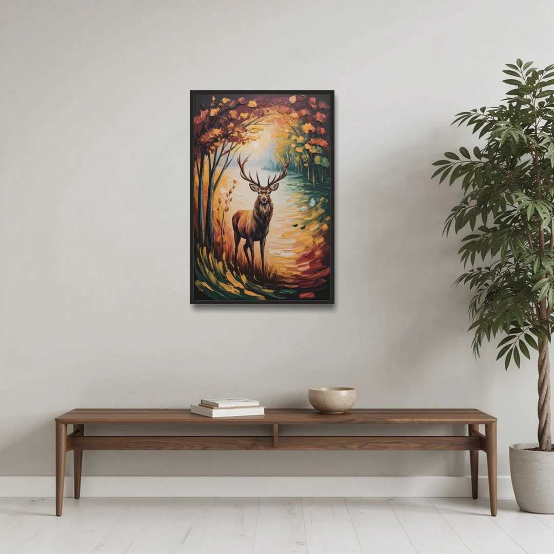 Deer Hunt in Autumn - Black Framed Canvas Wall Art - Coffee Table - 24x36