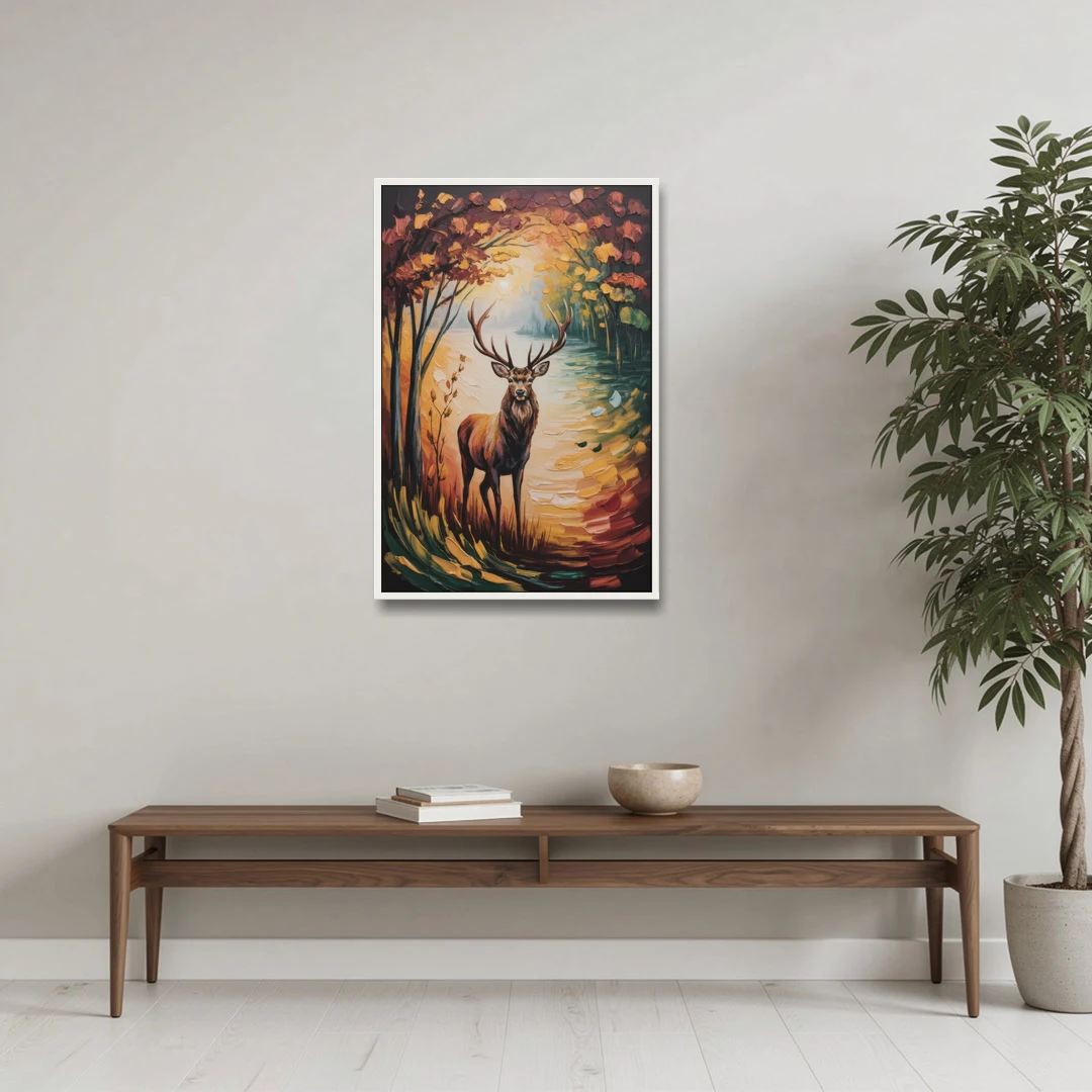 Deer Hunt in Autumn - White Framed Canvas Wall Art - Coffee Table - 24x36