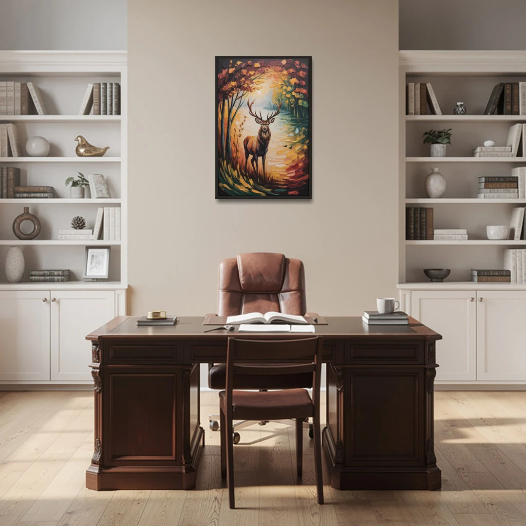 Deer Hunt in Autumn - Black Framed Canvas Wall Art - Office - 24x36
