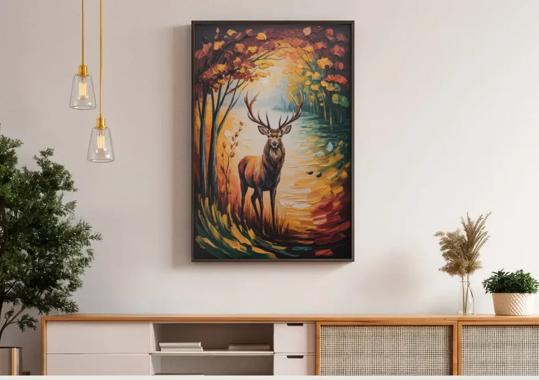 Deer Hunt in Autumn canvas wall art above a wooden sideboard under pendant lights