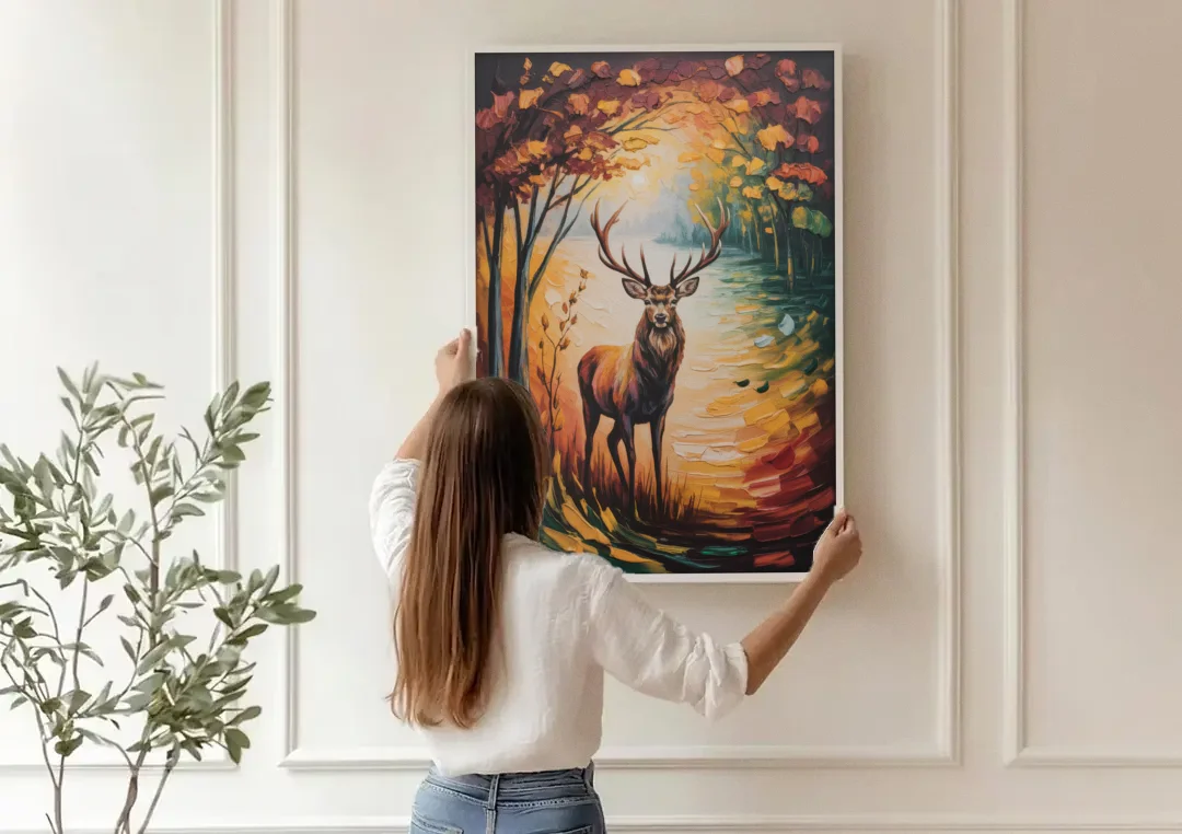 Deer Hunt in Autumn canvas wall art being hung on a paneled wall