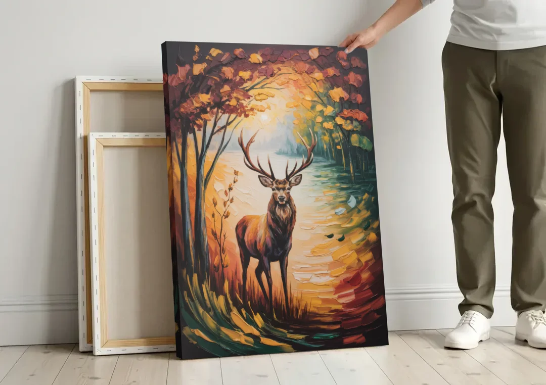 Deer Hunt in Autumn canvas wall art leaning against a wall next to blank canvases
