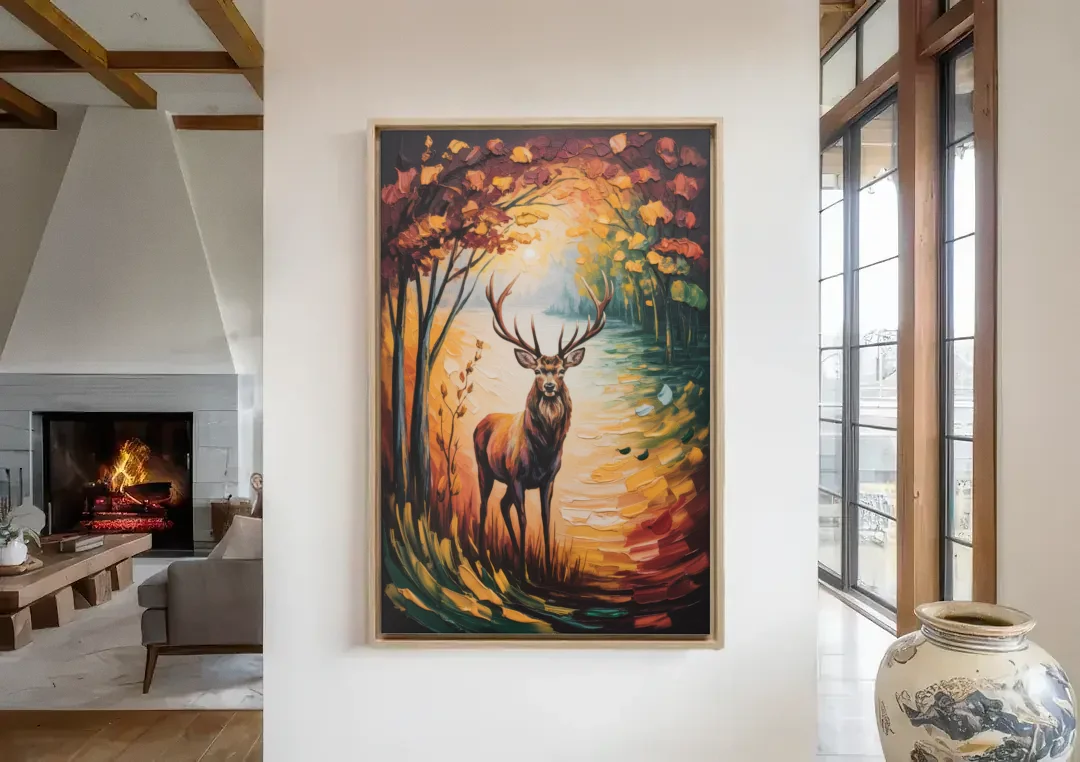 Deer Hunt in Autumn canvas wall art in a living room with a fireplace