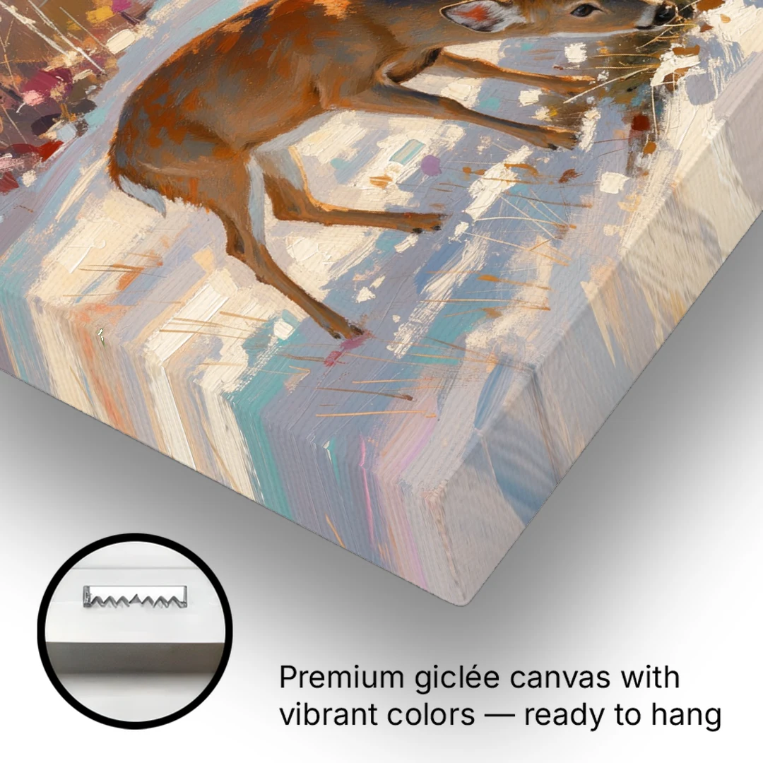 Deer in Snow Painting at Golden Hour - Canvas Wall Art - Gallery Wrap Corner