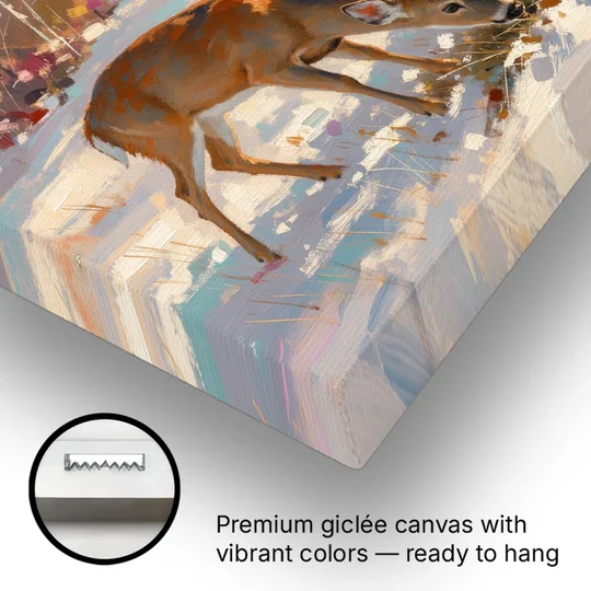 Deer in Snow Painting at Golden Hour - Canvas Wall Art - Gallery Wrap Corner