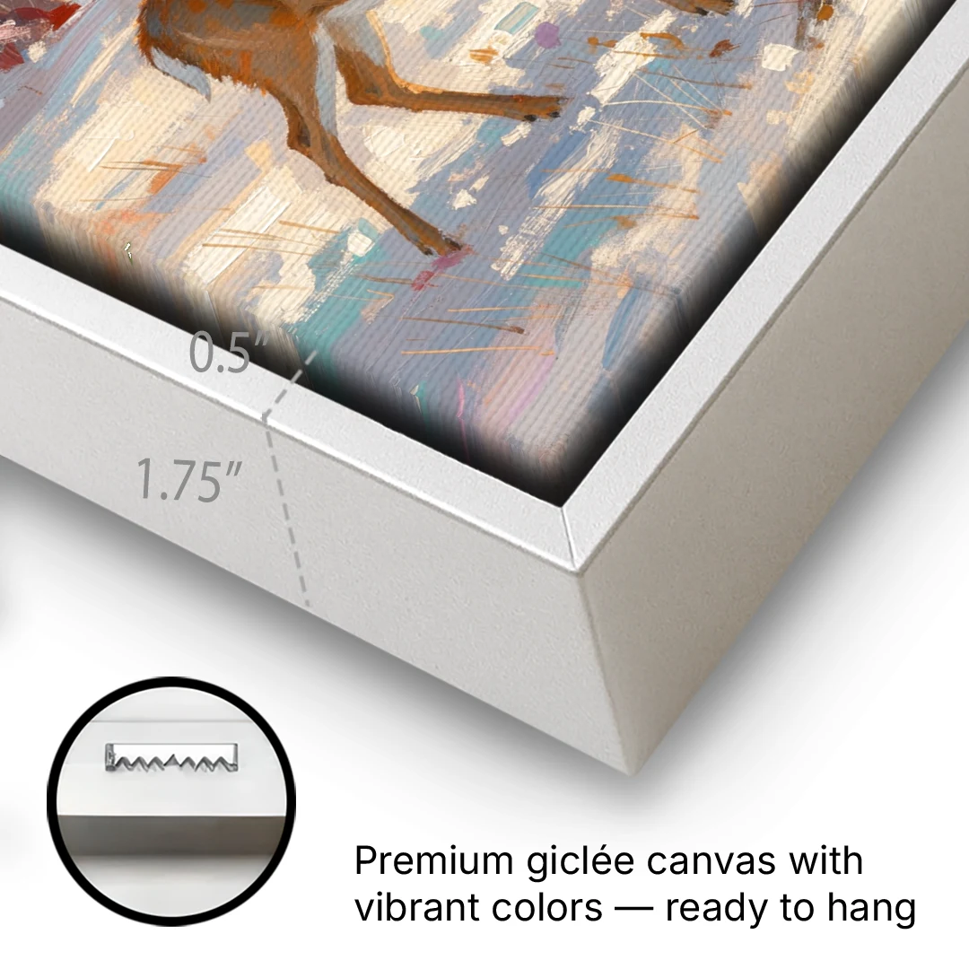 Deer in Snow Painting at Golden Hour - White Framed Canvas Wall Art - Gallery Wrap Corner