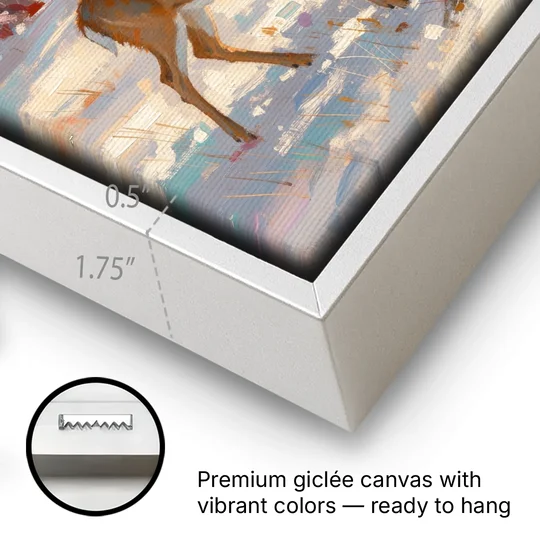 Deer in Snow Painting at Golden Hour - White Framed Canvas Wall Art - Gallery Wrap Corner