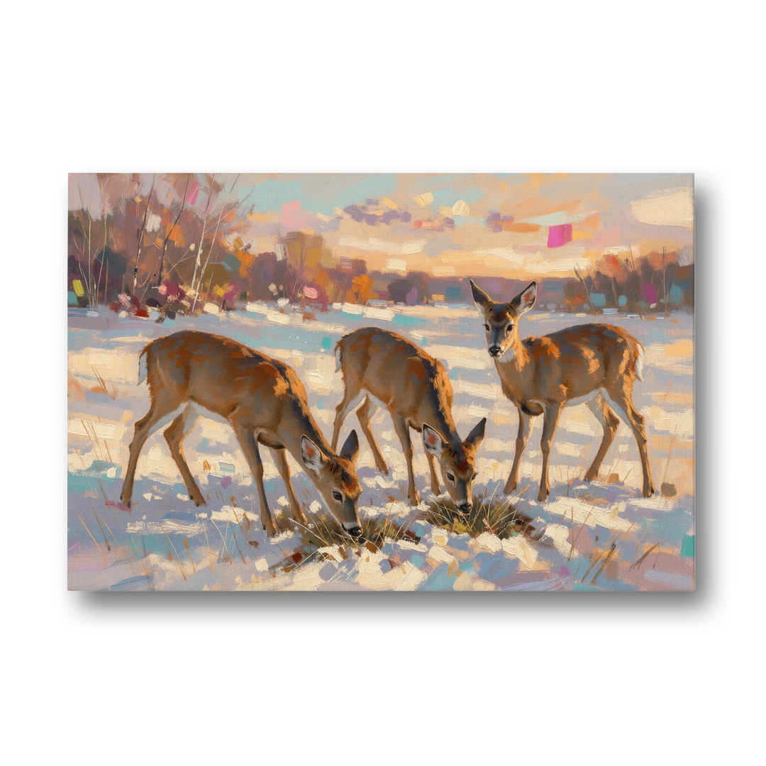 Deer in Snow Painting at Golden Hour - Canvas Wall Art - Front