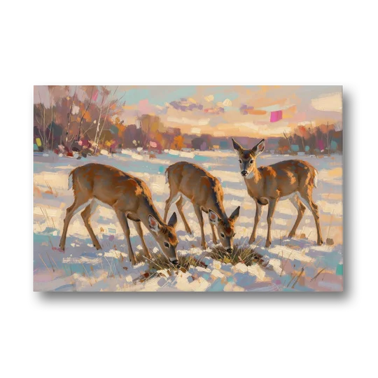 Deer in Snow Painting at Golden Hour - Canvas Wall Art - Front