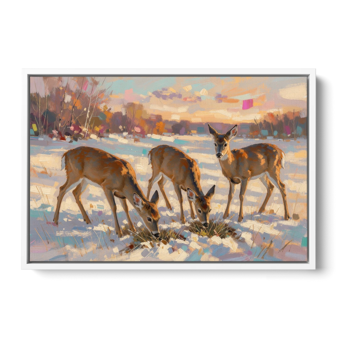 Deer in Snow Painting at Golden Hour - White Framed Canvas Wall Art - Front