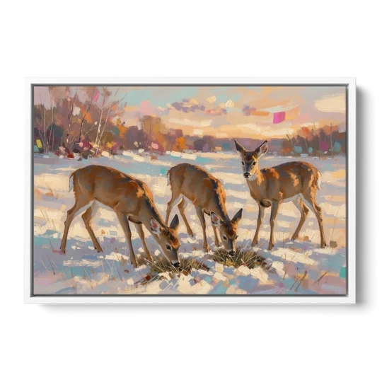 Deer in Snow Painting at Golden Hour - White Framed Canvas Wall Art - Front