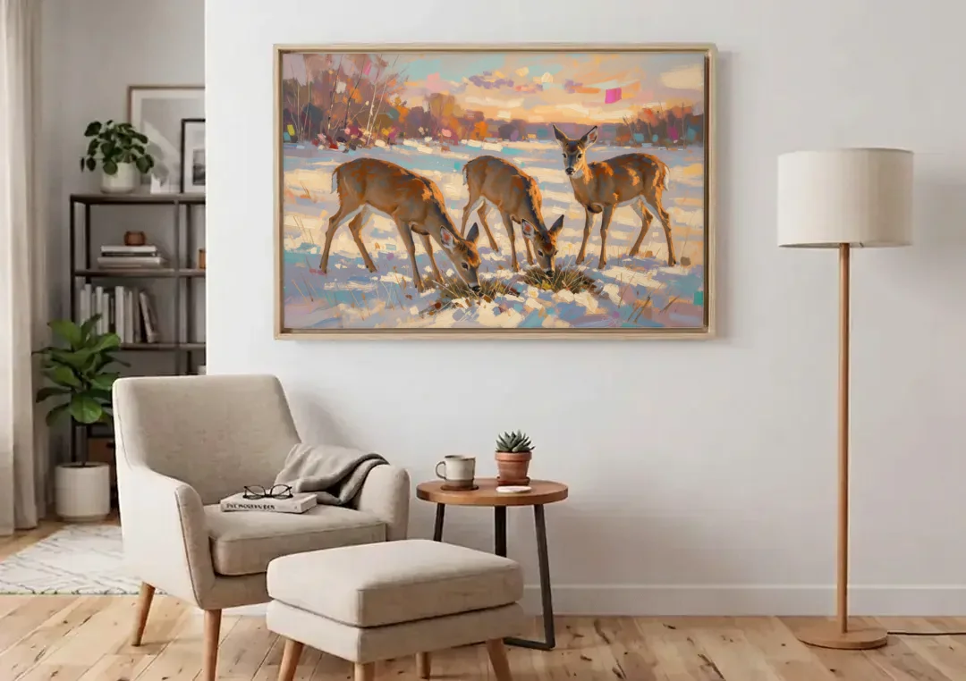 Deer in Snow Painting at Golden Hour canvas wall art above an armchair in a bright living room