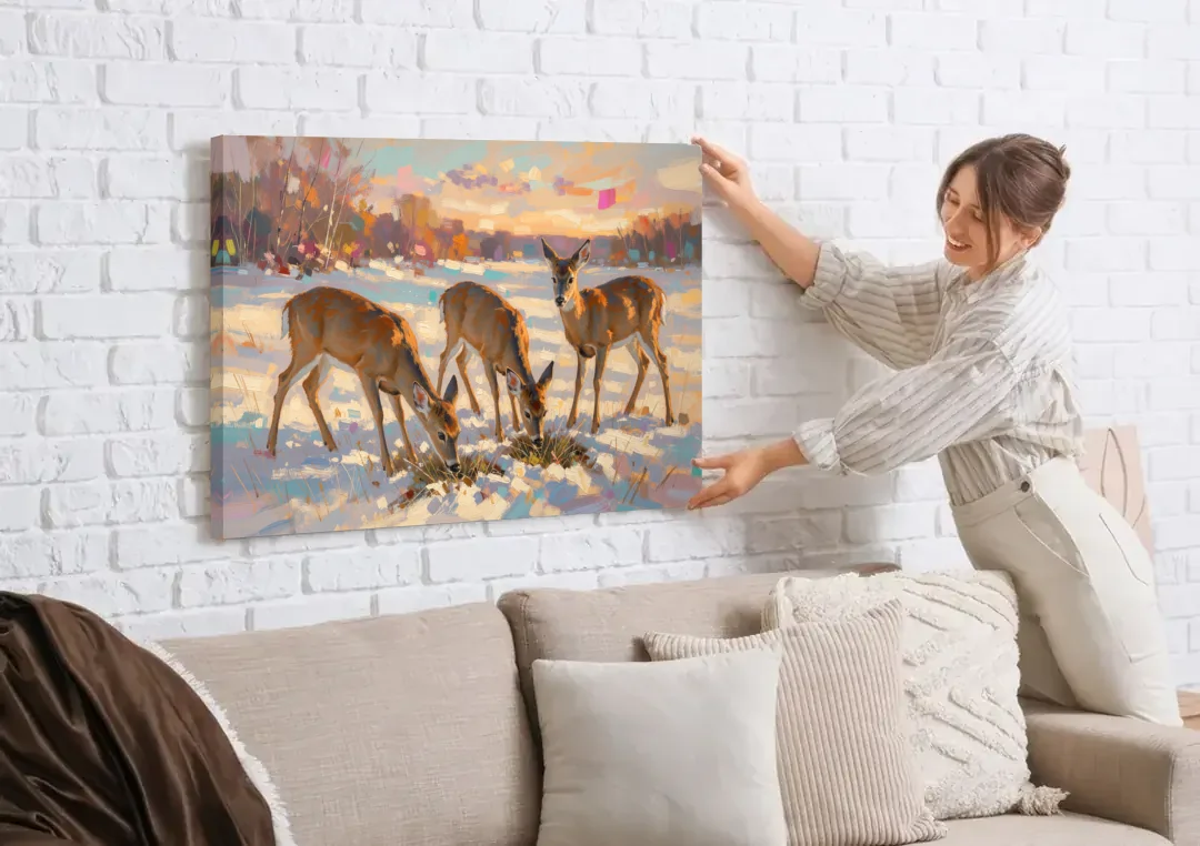Deer in Snow Painting at Golden Hour canvas wall art being hung on a white brick wall above a sofa