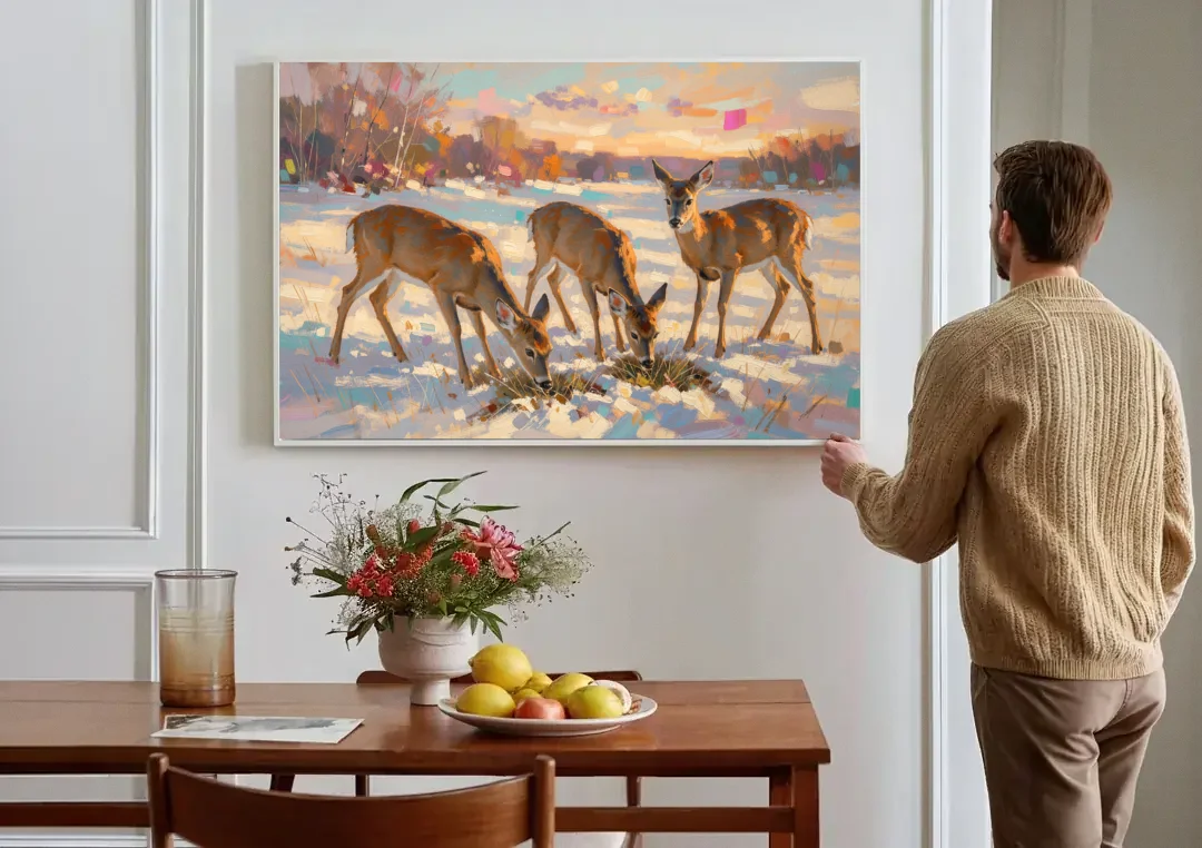 Deer in Snow Painting at Golden Hour canvas wall art above a dining table