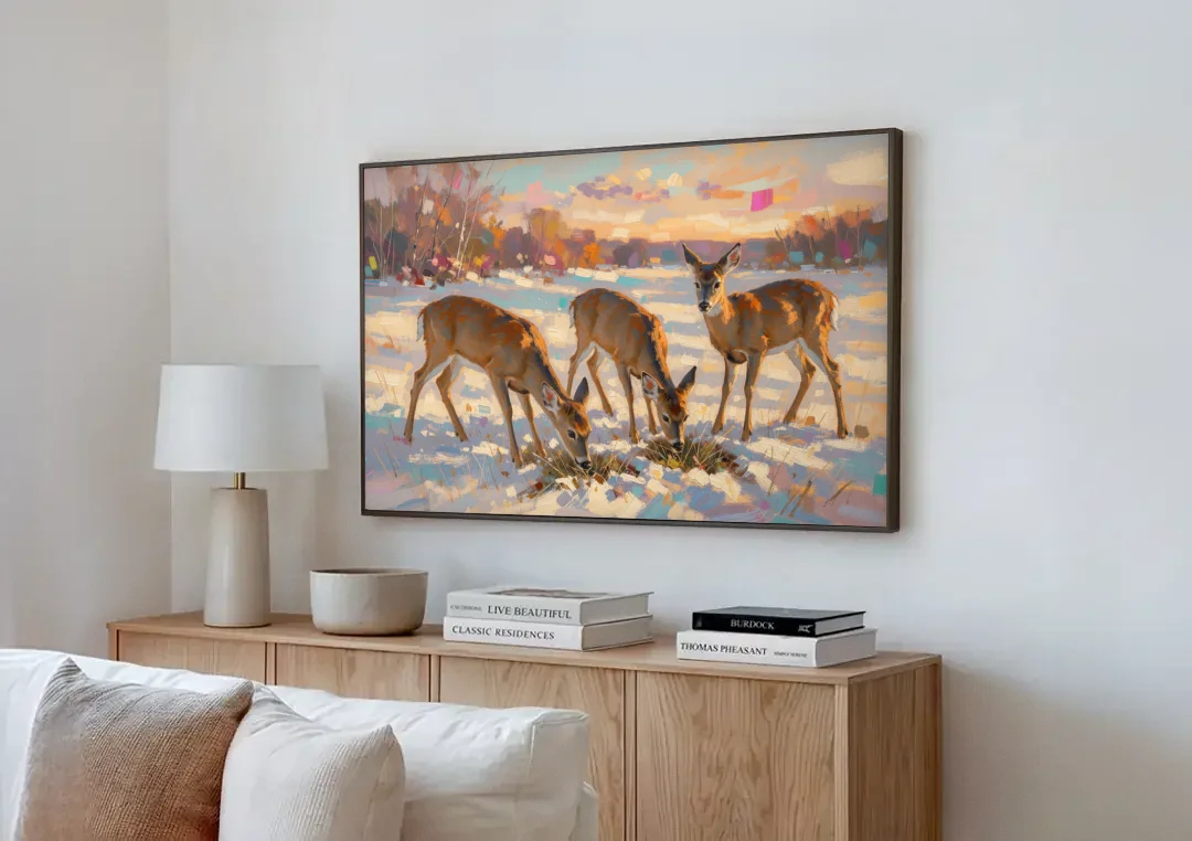 Deer in Snow Painting at Golden Hour canvas wall art above a wooden sideboard next to a sofa
