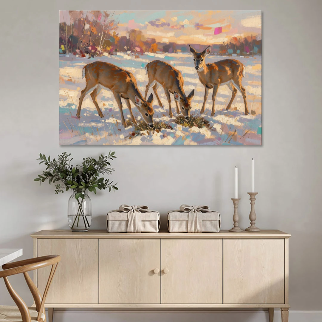 Deer in Snow Painting at Golden Hour - Canvas Wall Art - Coffee Table - 60x40