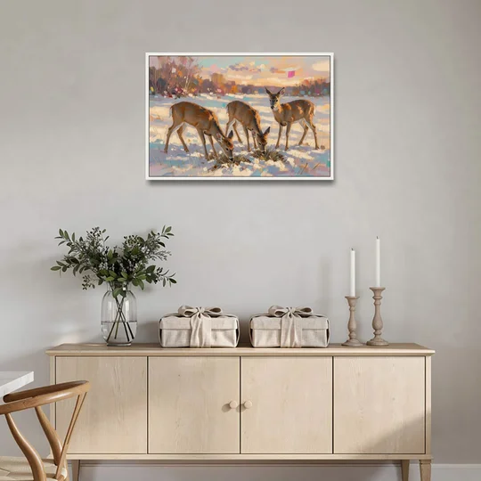 Deer in Snow Painting at Golden Hour - White Framed Canvas Wall Art - Coffee Table - 36x24