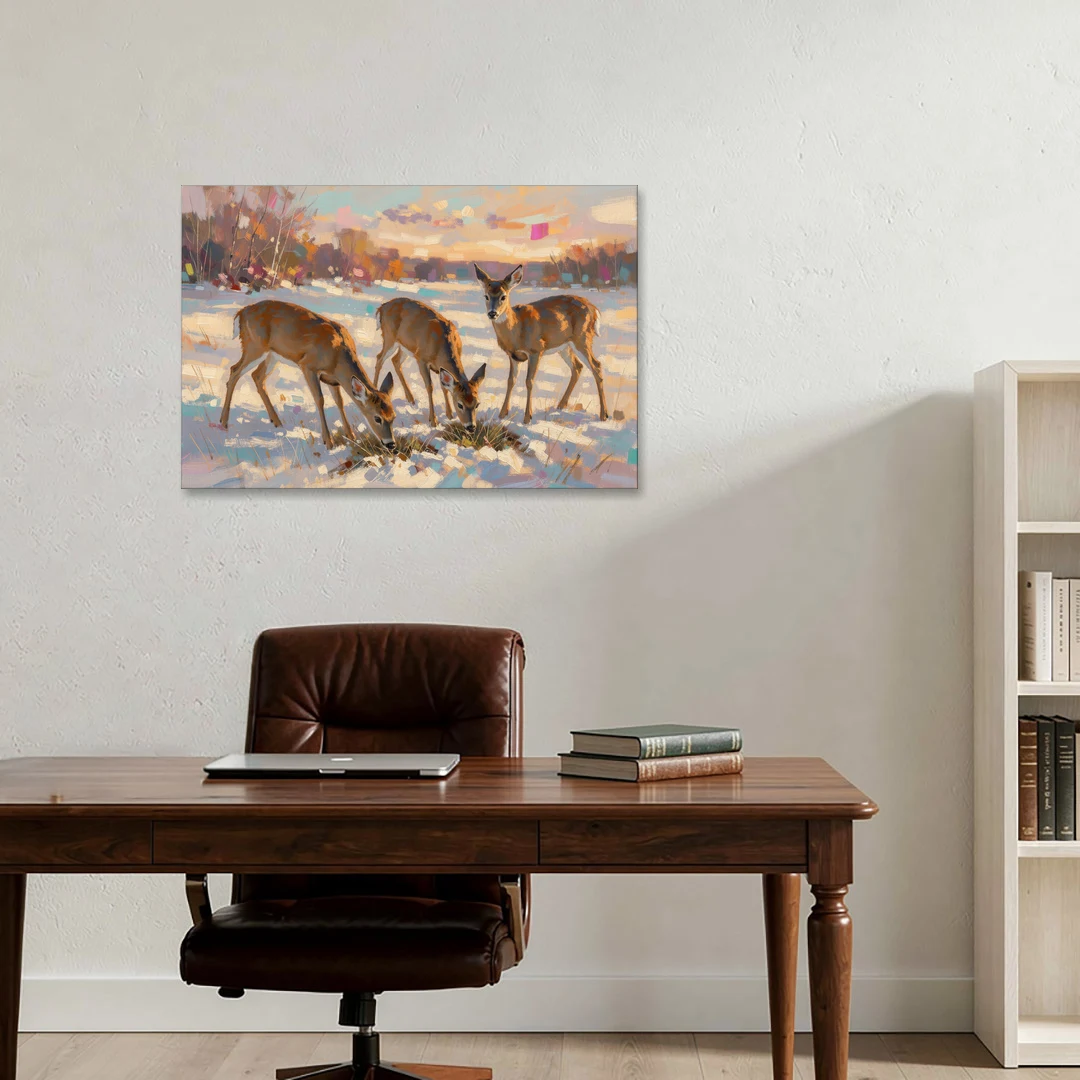 Deer in Snow Painting at Golden Hour - Canvas Wall Art - Office - 36x24