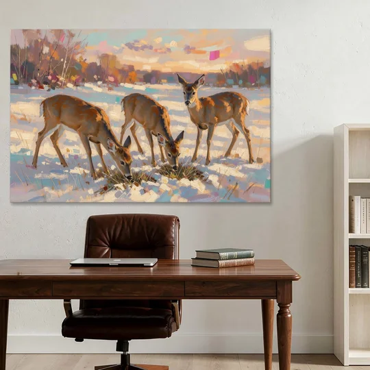 Deer in Snow Painting at Golden Hour - Canvas Wall Art - Office - 60x40