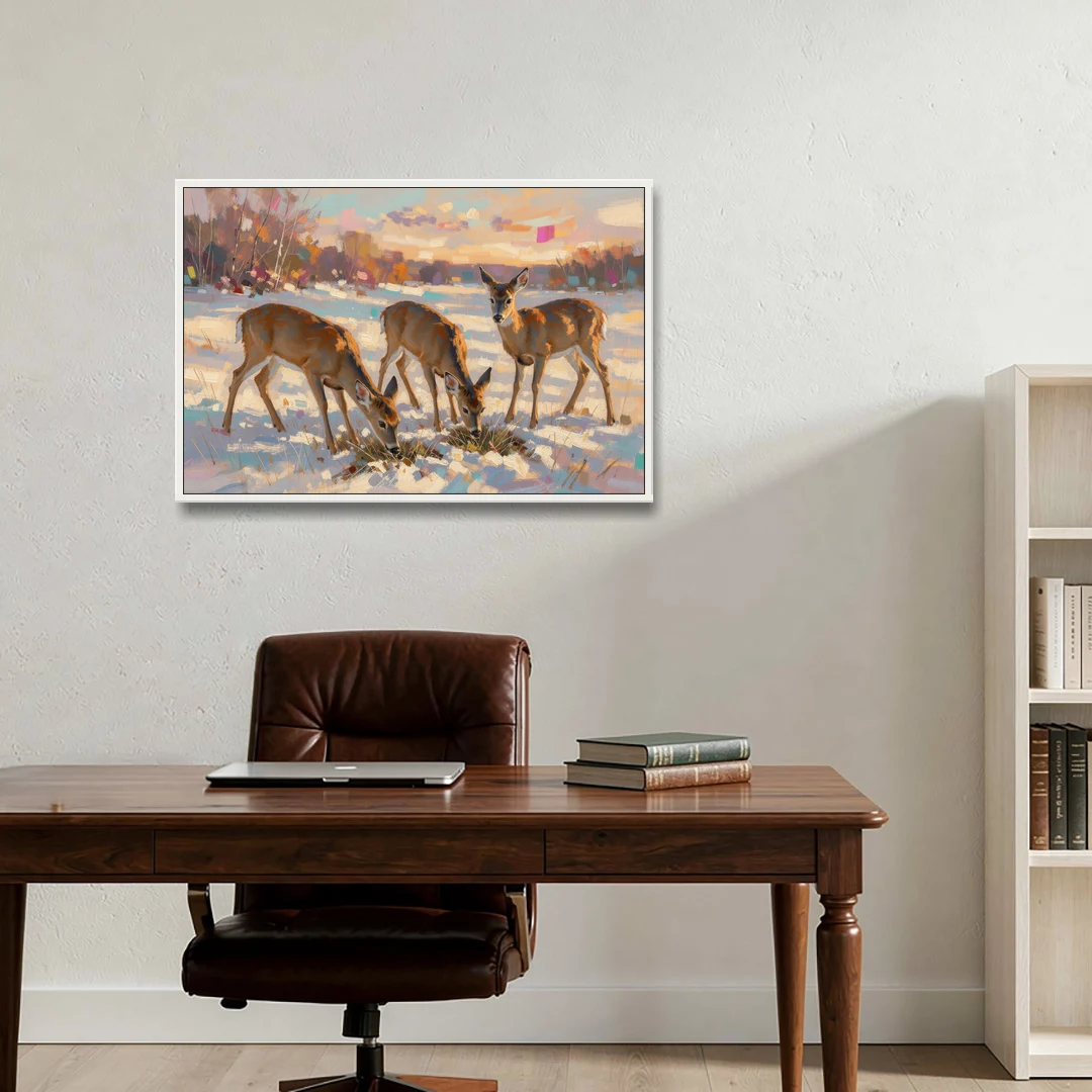 Deer in Snow Painting at Golden Hour - White Framed Canvas Wall Art - Office - 36x24