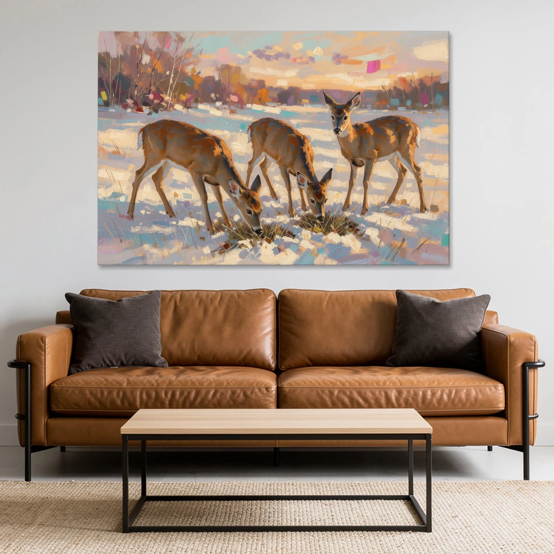 Deer in Snow Painting at Golden Hour - Canvas Wall Art - Sofa - 60x40