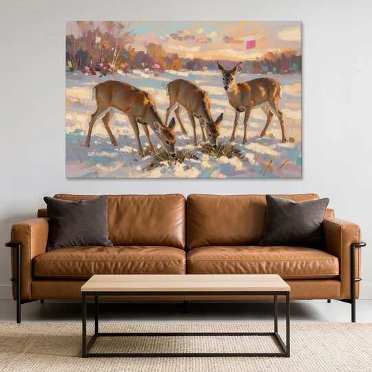 Deer in Snow Painting at Golden Hour - Canvas Wall Art - Sofa - 60x40