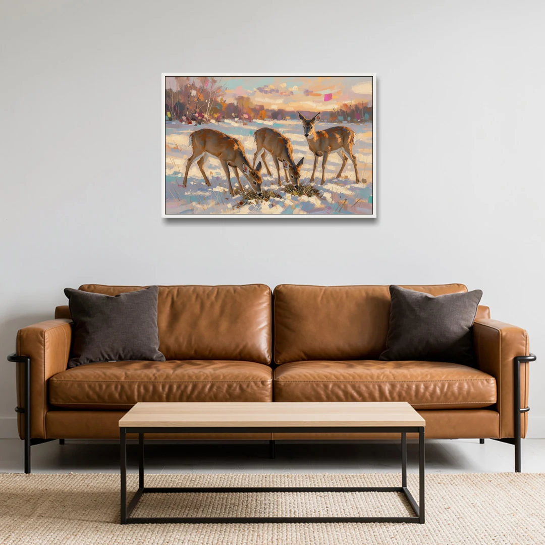 Deer in Snow Painting at Golden Hour - White Framed Canvas Wall Art - Sofa - 36x24