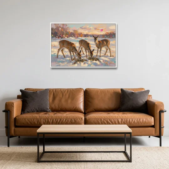 Deer in Snow Painting at Golden Hour - White Framed Canvas Wall Art - Sofa - 36x24