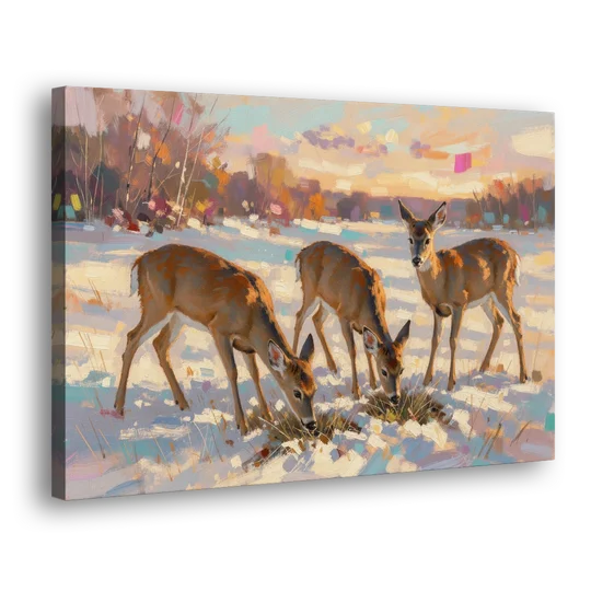 Deer in Snow Painting at Golden Hour - Canvas Wall Art - Side
