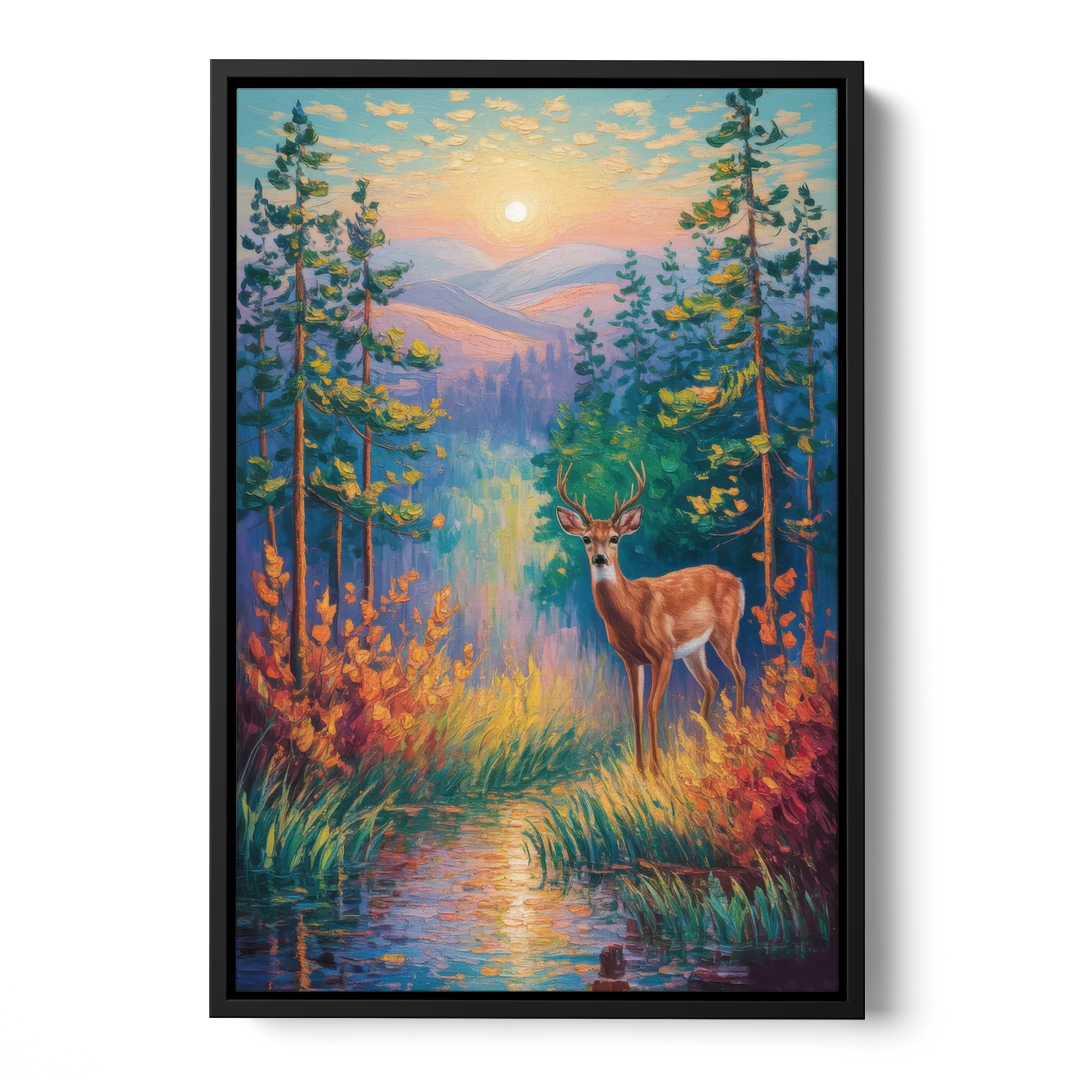 Deer in the Serene Forest - Black Framed Canvas Wall Art - Front