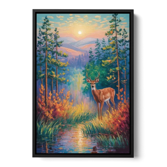 Deer in the Serene Forest - Black Framed Canvas Wall Art - Front