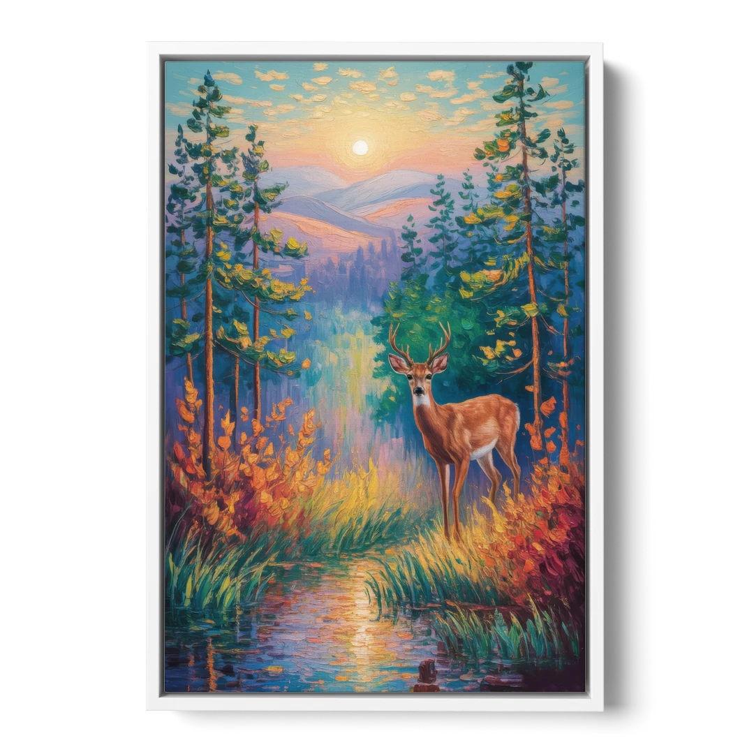 Deer in the Serene Forest - White Framed Canvas Wall Art - Front