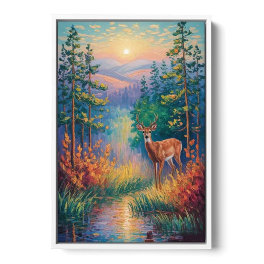 Deer in the Serene Forest - White Framed Canvas Wall Art - Front