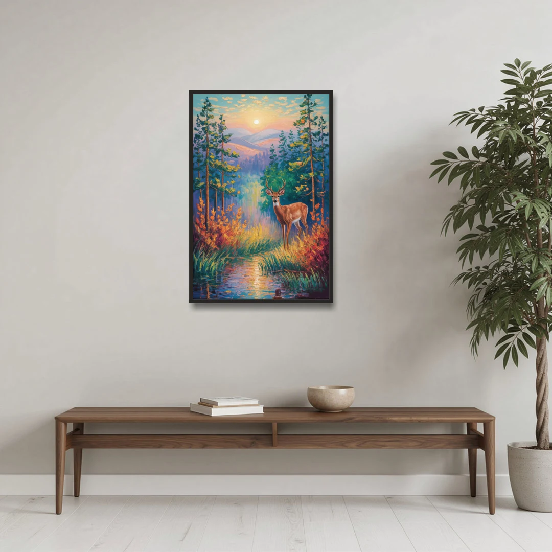Deer in the Serene Forest - Black Framed Canvas Wall Art - Coffee Table - 24x36