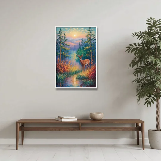 Deer in the Serene Forest - White Framed Canvas Wall Art - Coffee Table - 24x36