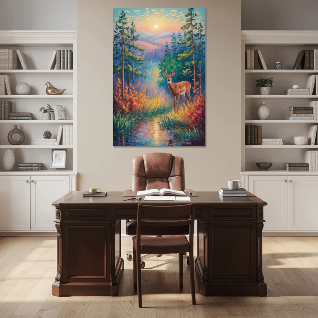 Deer in the Serene Forest - Canvas Wall Art - Office - 40x60
