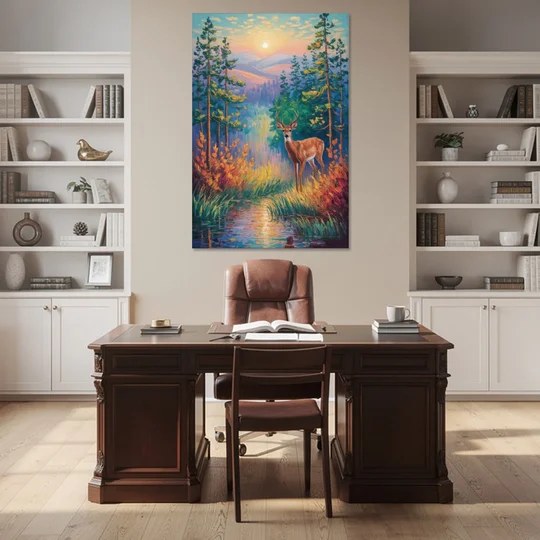 Deer in the Serene Forest - Canvas Wall Art - Office - 40x60