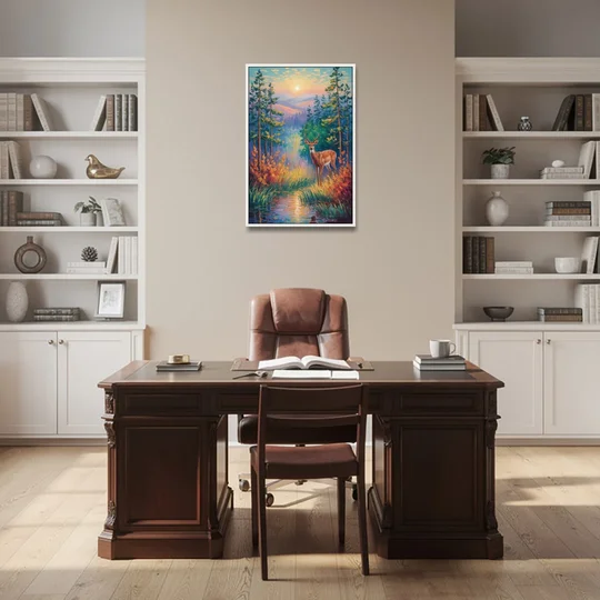 Deer in the Serene Forest - White Framed Canvas Wall Art - Office - 24x36