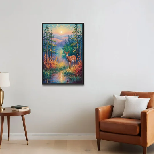 Deer in the Serene Forest - Black Framed Canvas Wall Art - Sofa - 24x36