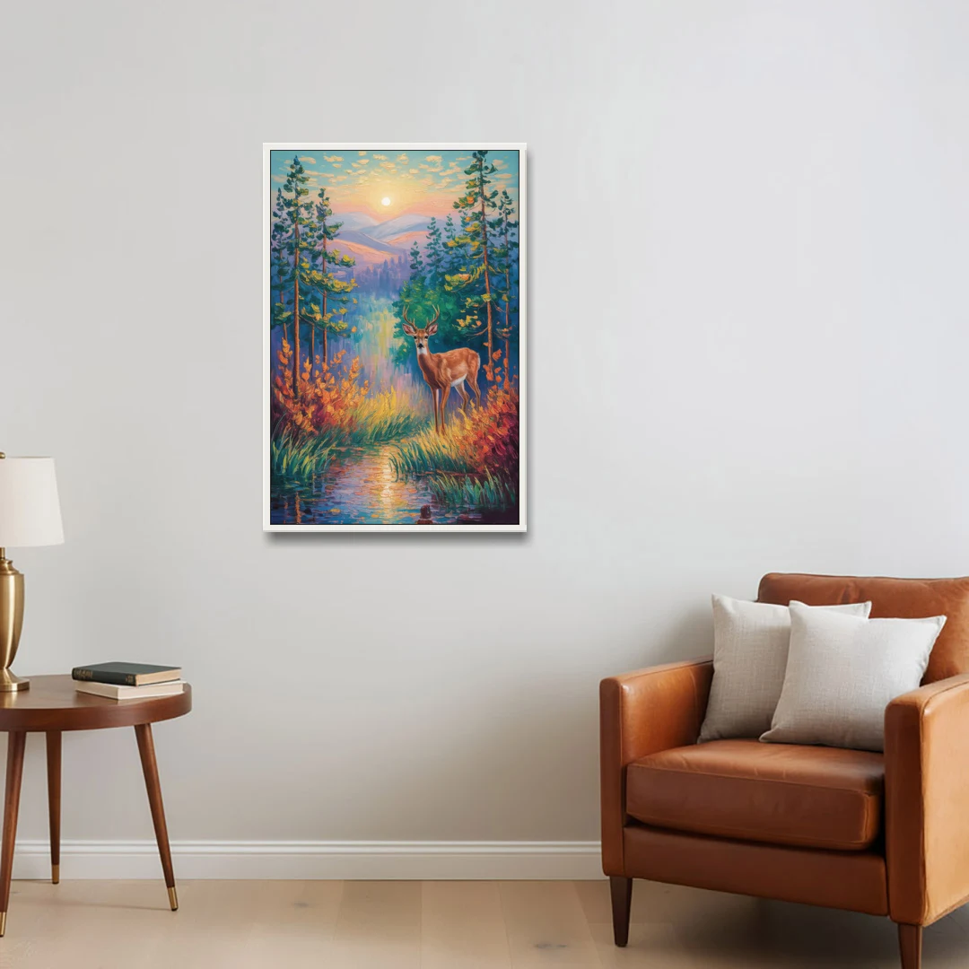 Deer in the Serene Forest - White Framed Canvas Wall Art - Sofa - 24x36