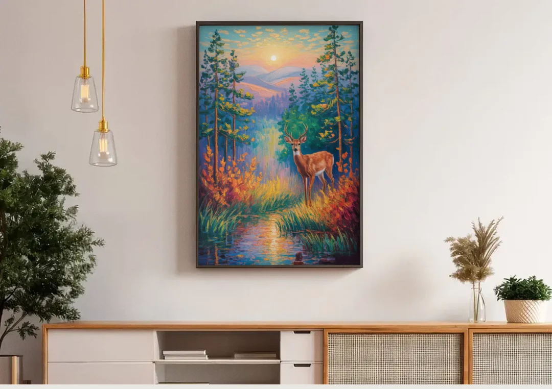 Deer in the Serene Forest canvas wall art above a wooden sideboard under pendant lights