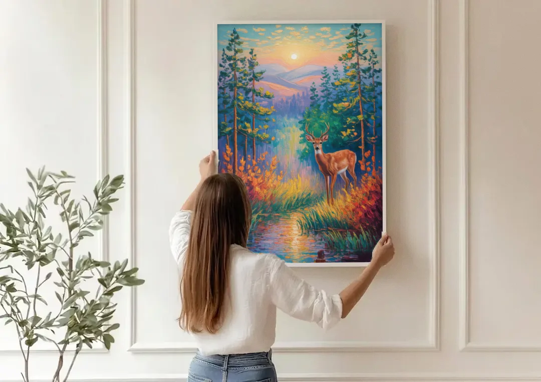 Deer in the Serene Forest canvas wall art being hung on a paneled wall