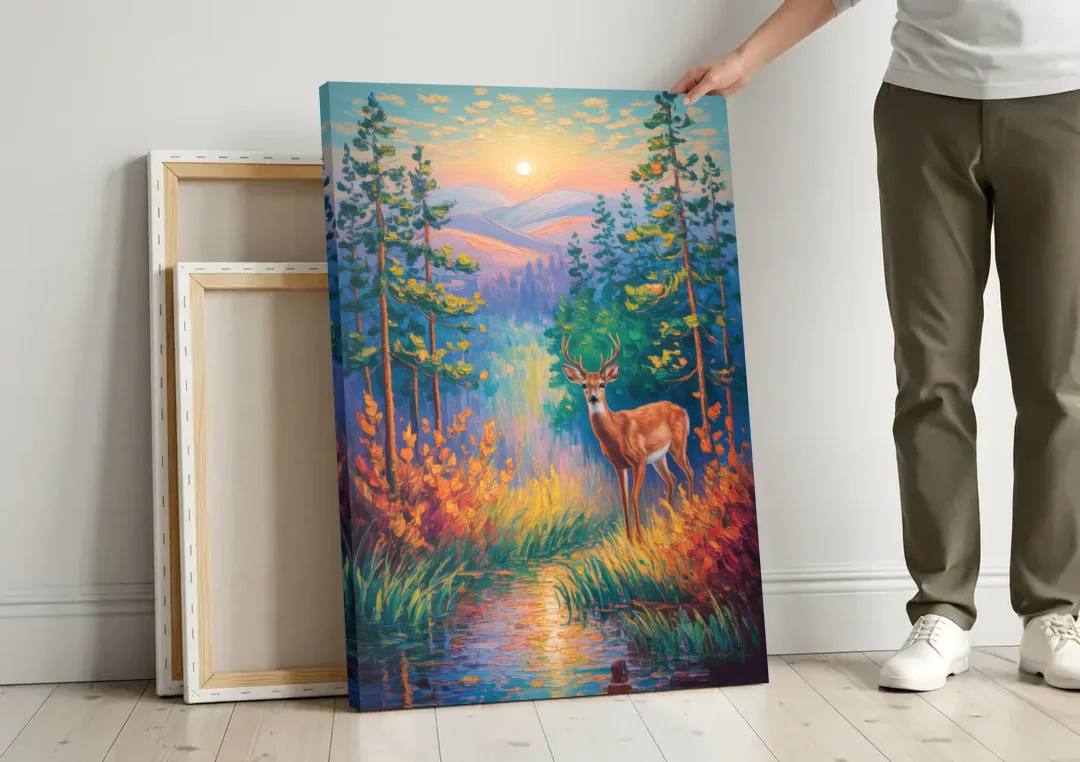 Deer in the Serene Forest canvas wall art leaning against a wall next to blank canvases