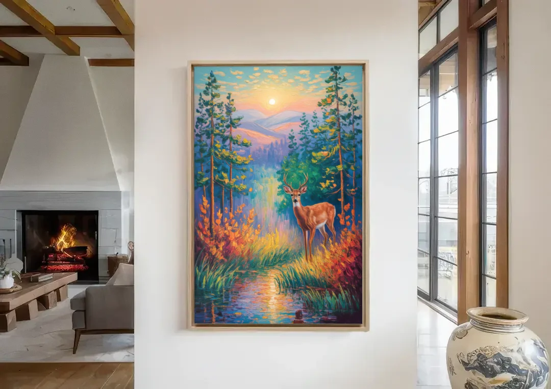 Deer in the Serene Forest canvas wall art in a living room with a fireplace