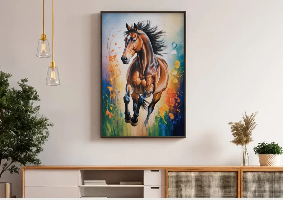 Delightful Horse Play canvas wall art above a wooden sideboard under pendant lights