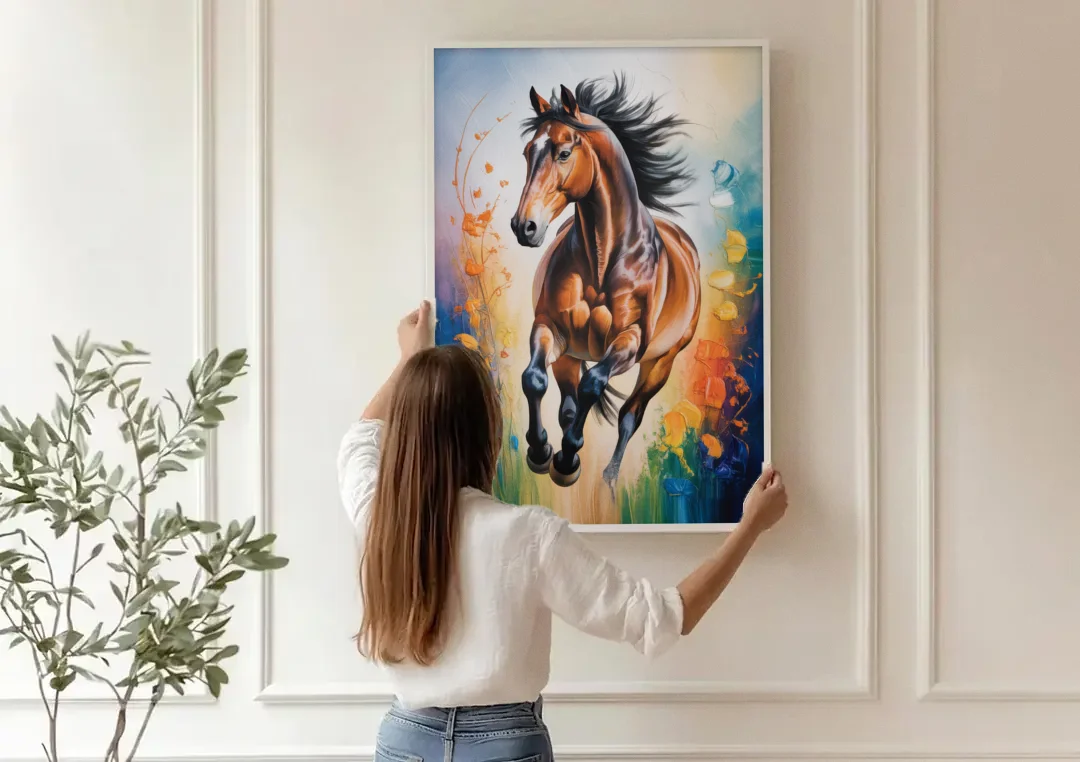 Delightful Horse Play canvas wall art being hung on a paneled wall
